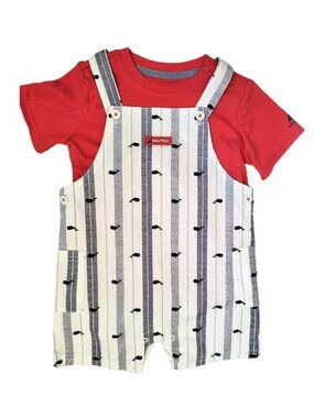 NAUTICA Stripes & Whales Overall Shorts 2-Piece Set - NWT Infant Boys 24 M